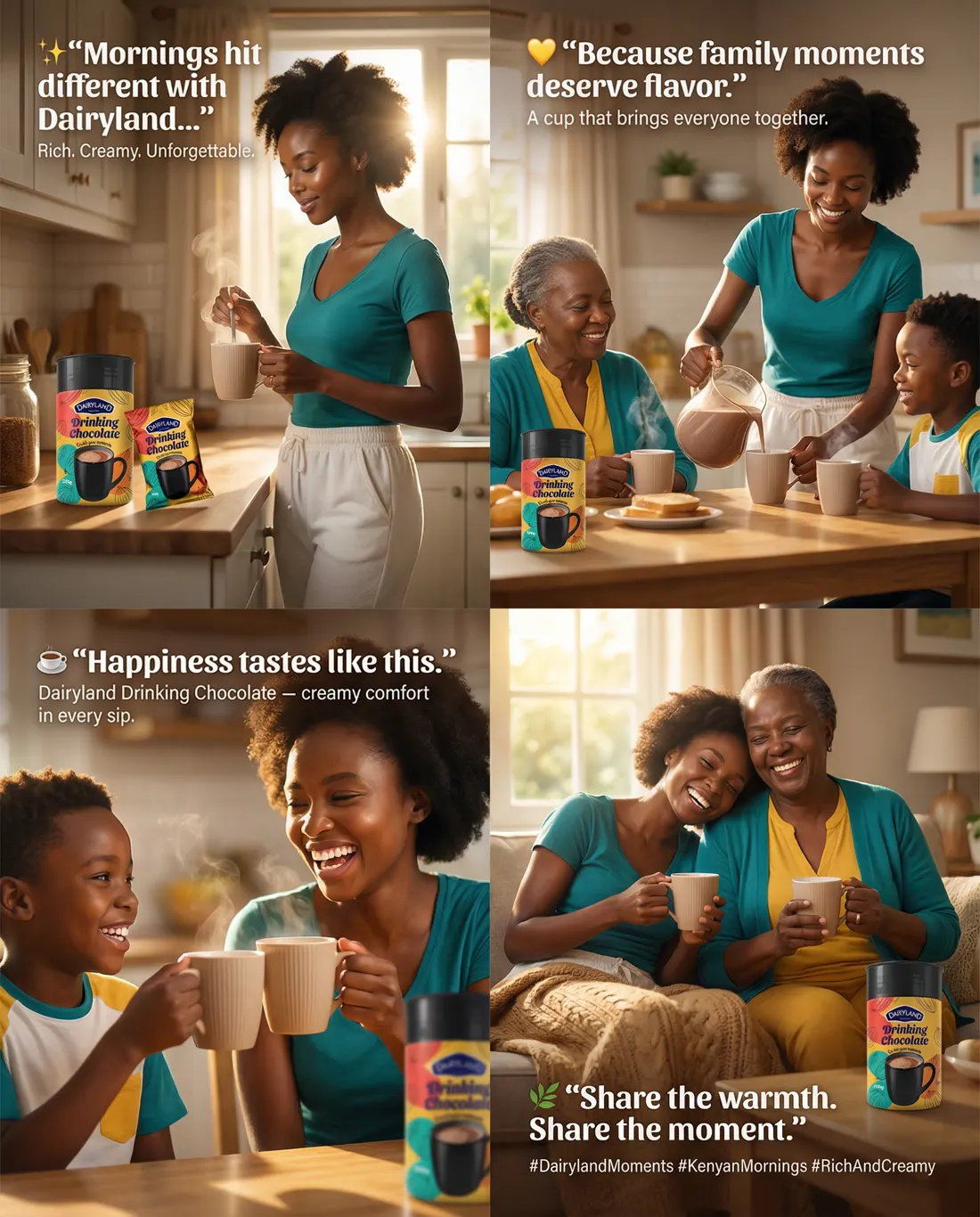 Four-frame family advertising concept for a drinking chocolate product