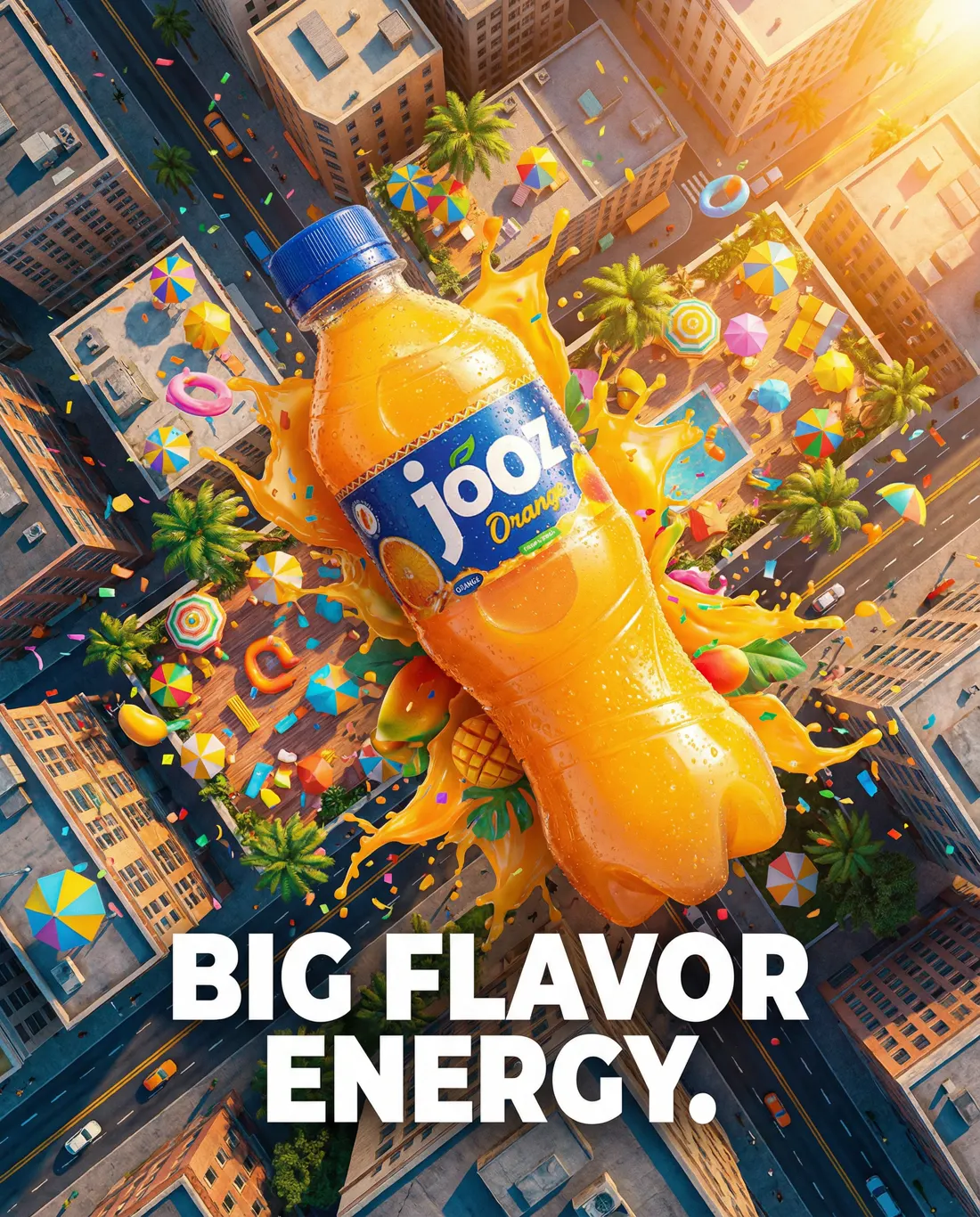 Colourful beverage campaign visual with an orange drink above a stylised city
