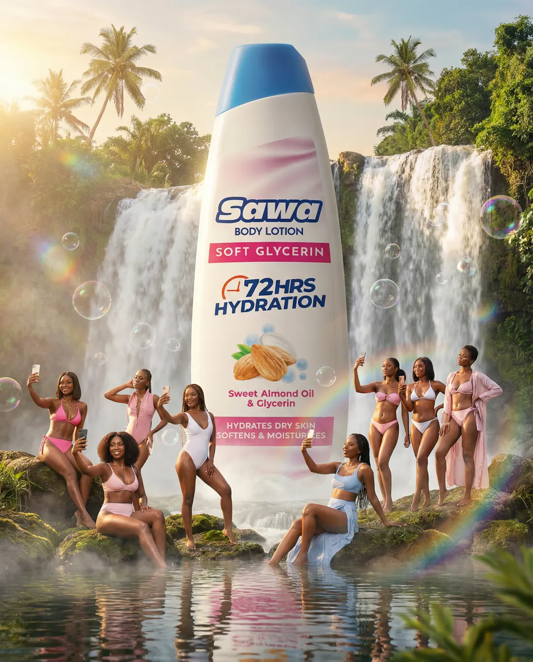 Body lotion campaign visual in a cinematic waterfall world