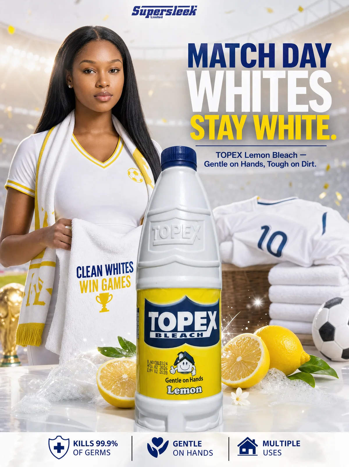 Topex Lemon Bleach campaign poster with a football fan holding a white towel reading Clean Whites Win Games