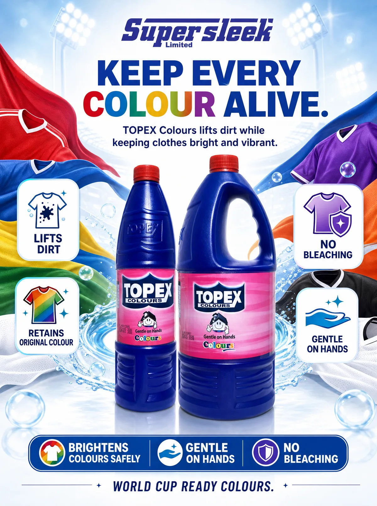 Topex Colours poster with two product bottles surrounded by flying colourful garments