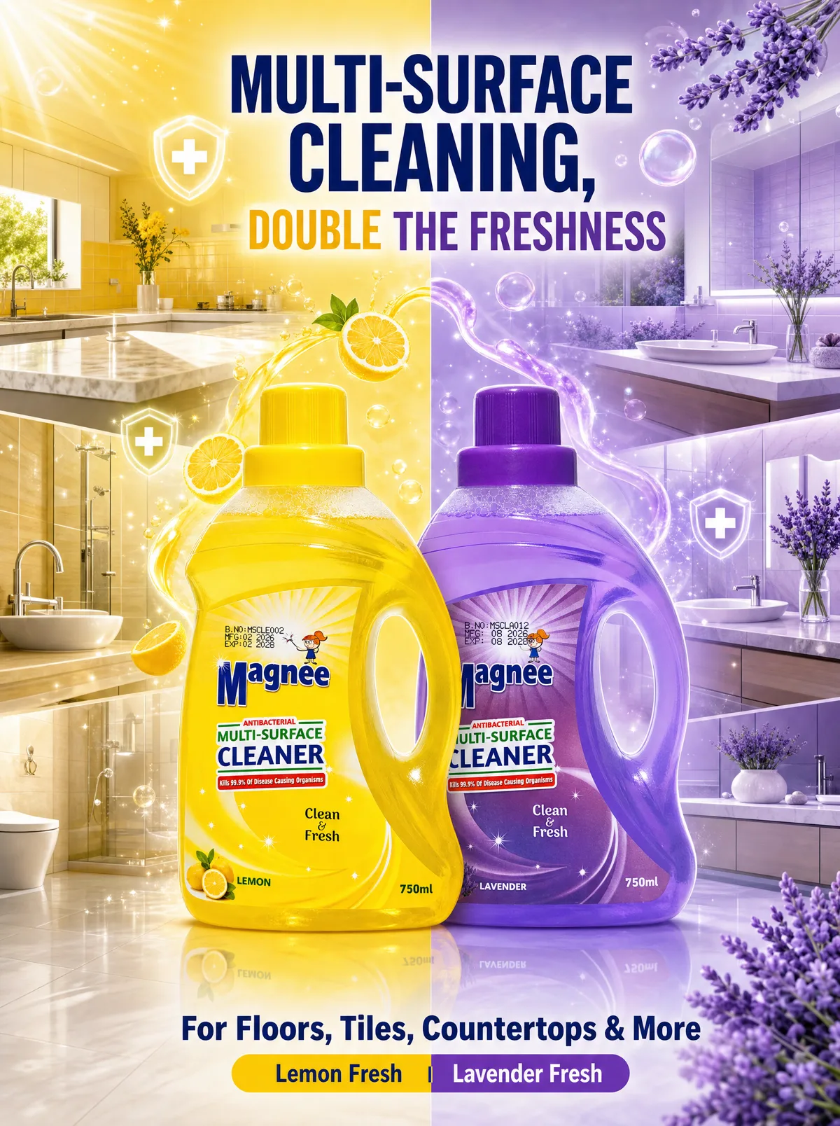 Magnee multi-surface cleaner poster split into lemon yellow and lavender purple halves