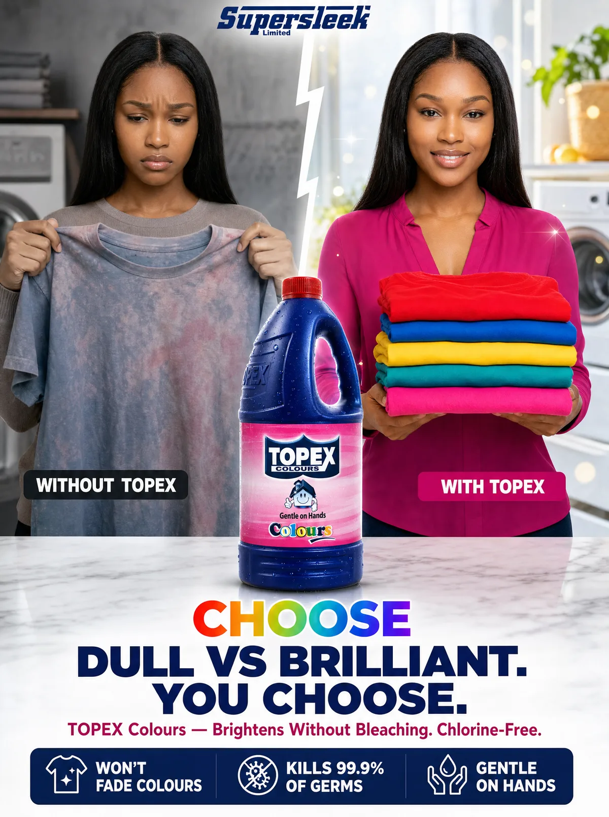 Before-and-after poster of a woman holding dull grey laundry versus bright colourful towels