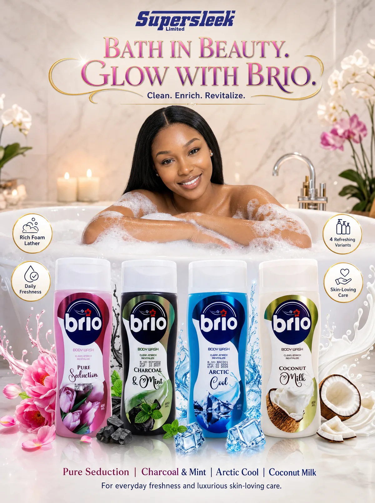 Woman relaxing in a bubble bath behind a lineup of four Brio body wash variants