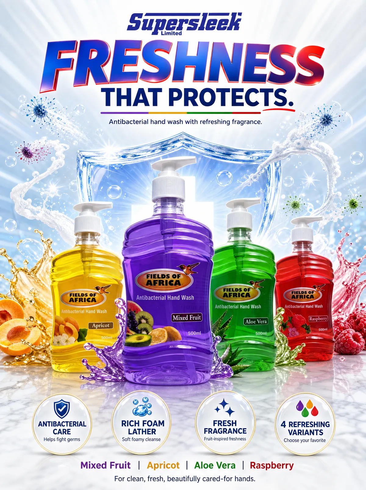 Four colourful Fields of Africa hand wash bottles splashing through water and fruit