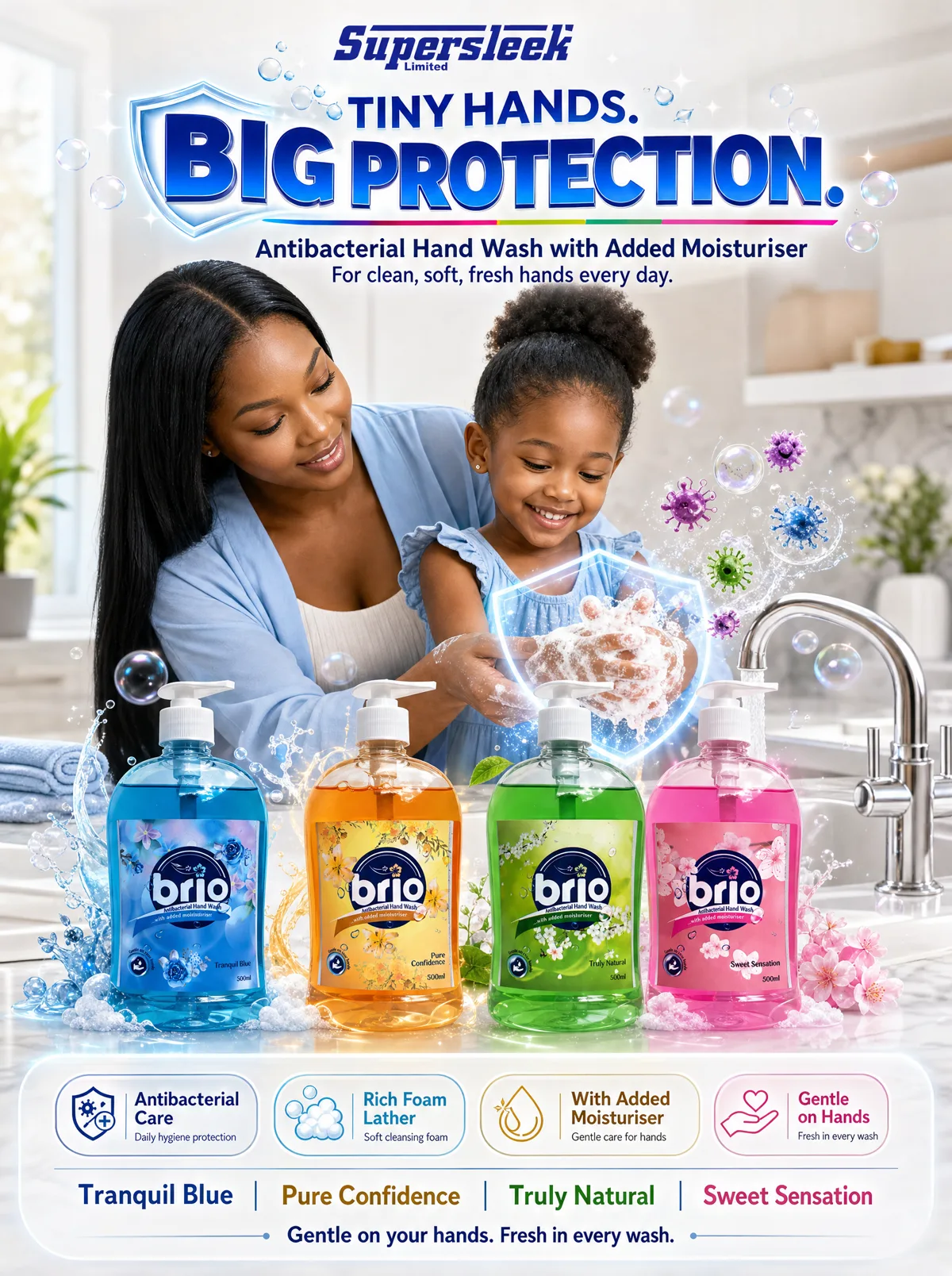 Mother helping her daughter wash hands at a sink beside four Brio hand wash pumps