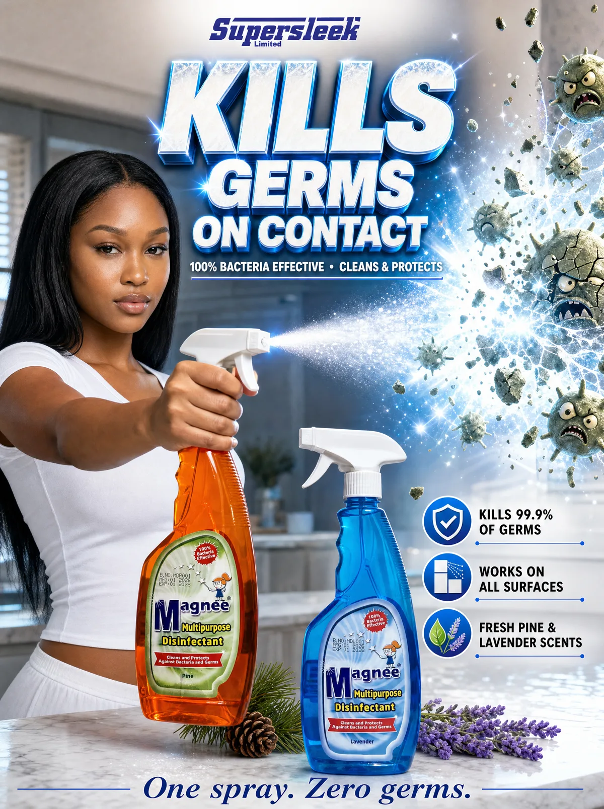 Woman spraying Magnee disinfectant at cartoon germ characters in a bright kitchen