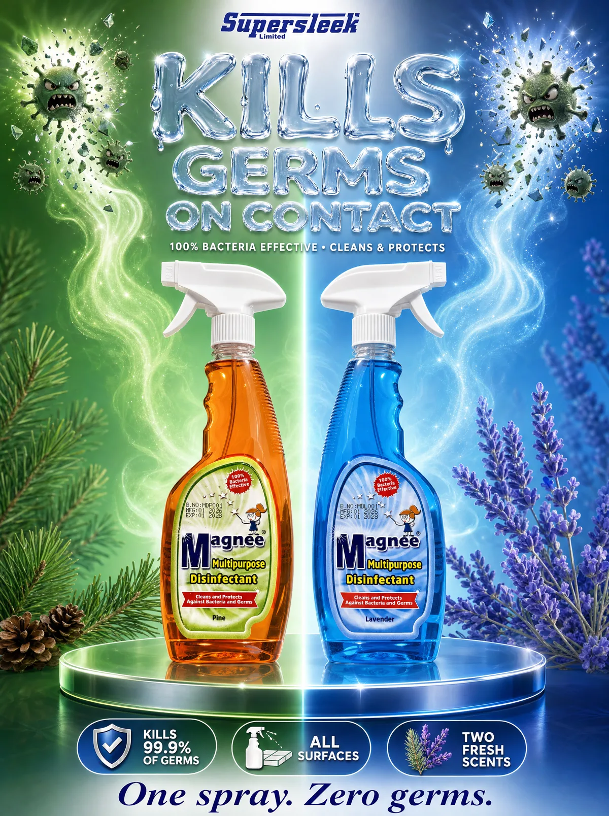 Magnee disinfectant spray bottles on a podium with pine and lavender scent styling