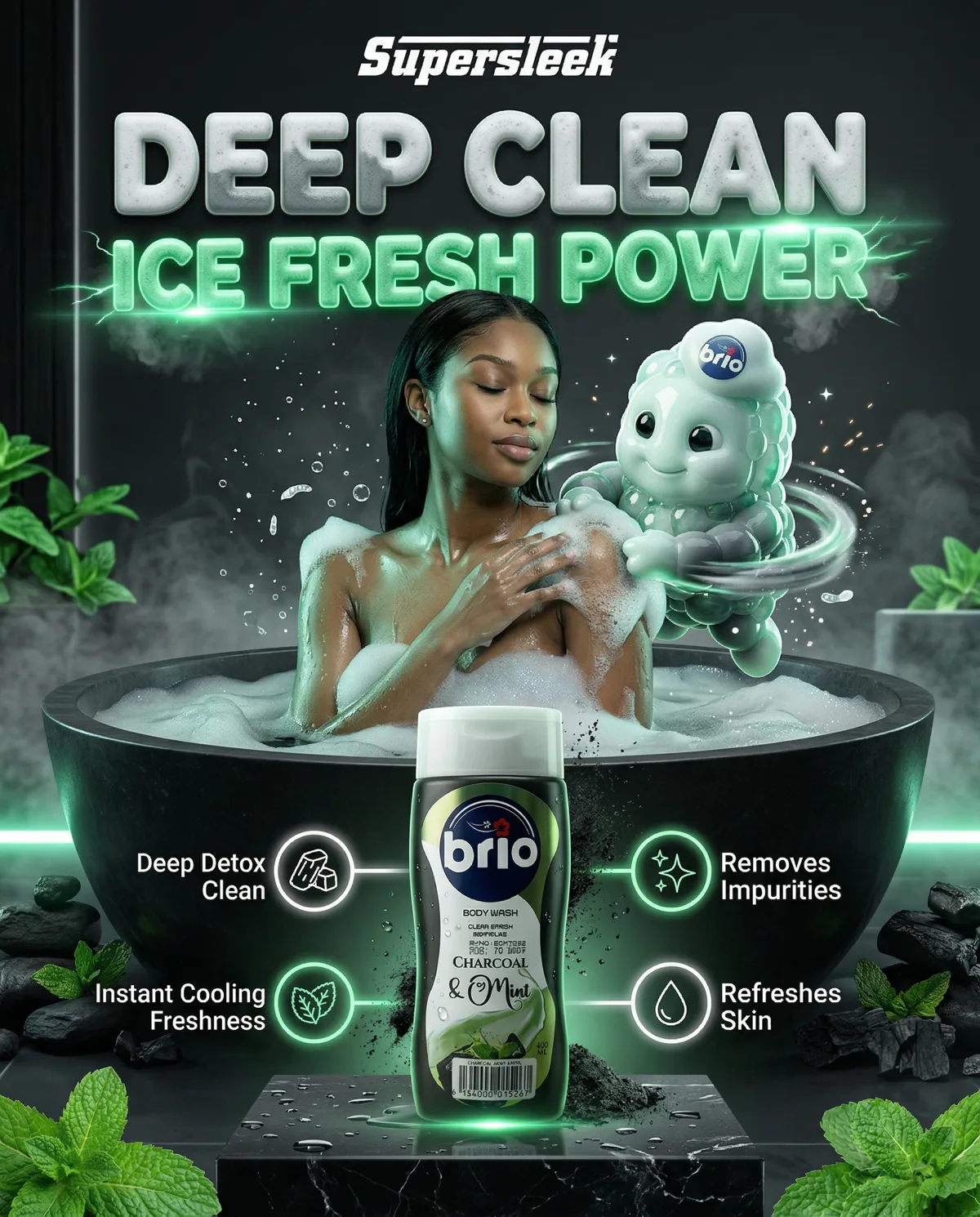 Woman bathing in a dark stone tub beside a Brio charcoal and mint body wash bottle