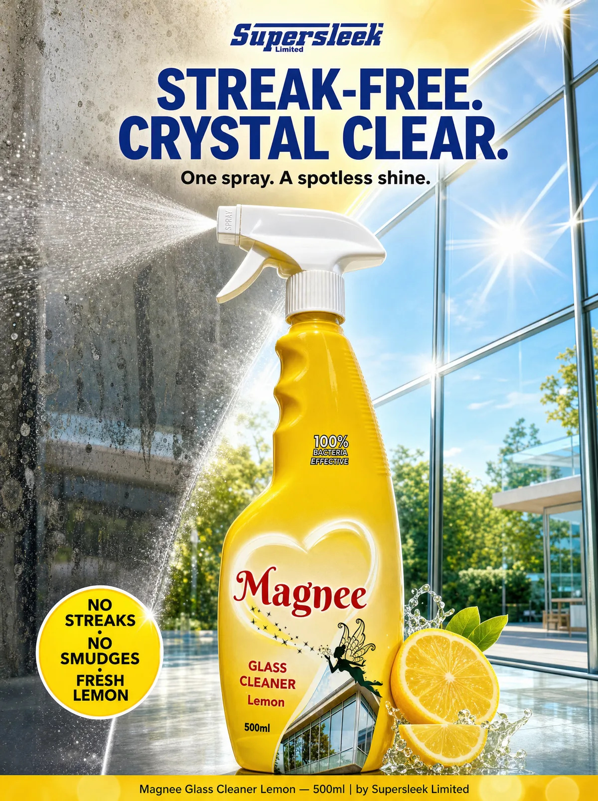 Magnee glass cleaner spray bottle in front of a gleaming streak-free window with lemons