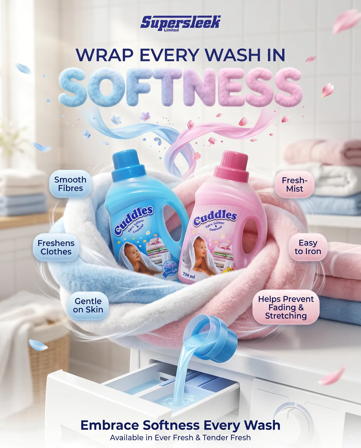 Cuddles fabric softener bottles nestled in fluffy towels with softness benefit callouts