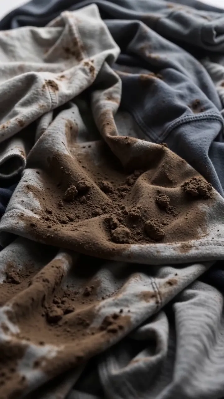 Extreme close-up of mud-stained grey and navy clothing