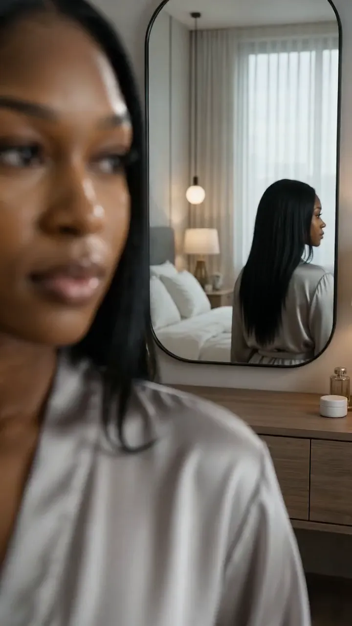 Woman in a satin robe at a bedroom vanity mirror in soft morning light