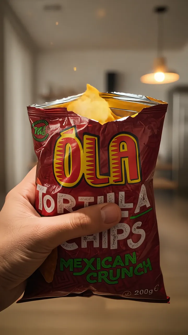 Hand holding a red OLA Tortilla Chips Mexican Crunch bag in a bright kitchen